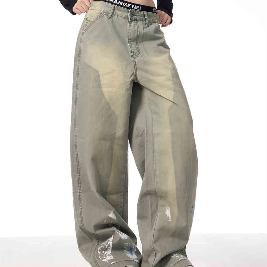 American Retro Washed Splash Ink Straight Cargo Pants Green - Shop at LoveMi