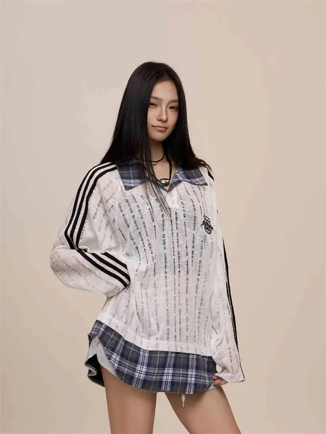 Hollow out Fake Two piece Long sleeved Sweater White - Shop at LoveMi
