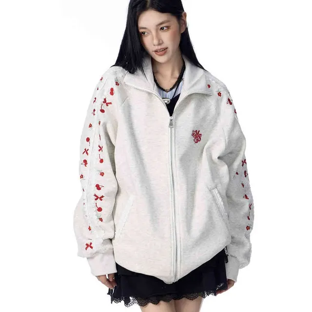 American Retro College Sports Style Brushed Hoody Flower Gray - Shop at LoveMi