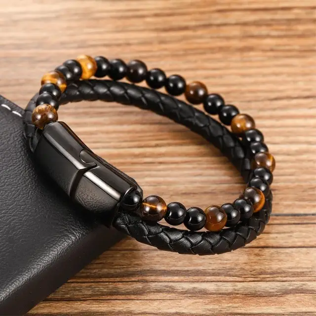 Genuine Leather Stainless Steel Magnetic Buckle Leather Bracelet Natural Tigereye Braided Bracelet - Shop at LoveMi