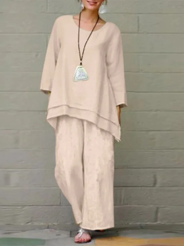 Solid Color National Style Cotton And Linen Casual Long Sleeve Loose Outfit Apricot - Shop at LoveMi