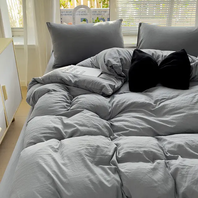 Class A Maternal And Child Grade Washed Cotton Four piece Set Ins Fresh Bed Sheet Quilt Cover Light Gray - Shop at LoveMi