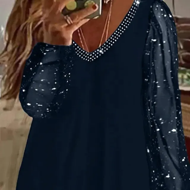 Pure Sequined Top Pleated Long Sleeve V neck Casual Dark Blue - Shop at LoveMi