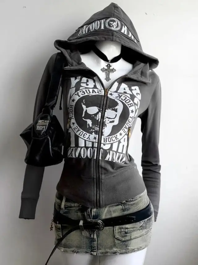 Autumn And Winter Hooded Long sleeve Zipper Skull Letter Print Sweatshirt Dark Gray - Shop at LoveMi