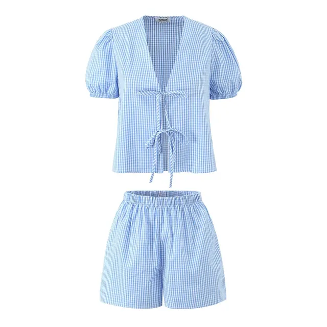 Women's Holiday Plaid Short sleeved Shorts Suit Light Blue - Shop at LoveMi