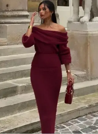 Pure Desire Style Off-shoulder Top Slim Fit Long Dress Two-piece Set - Red A Set