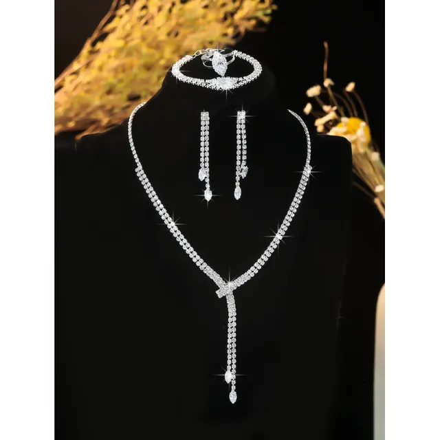 Fashion Simple Necklace Earring Bracelet Four piece Set Silver Suit - Shop at LoveMi