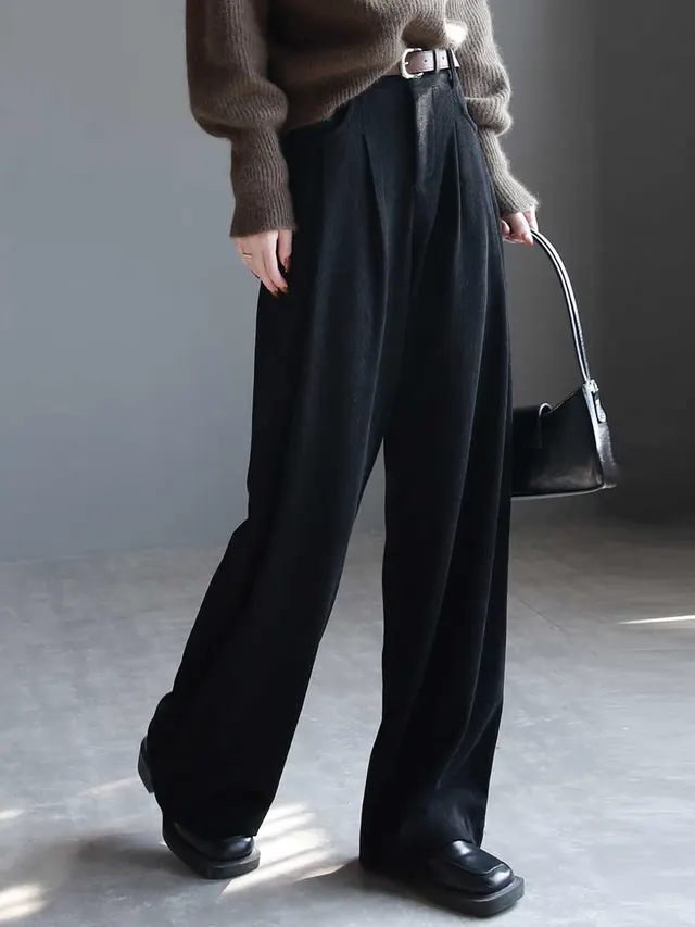 Corduroy Draping All match Wide Leg Pants High Waist Straight Casual Black Regular - Shop at LoveMi