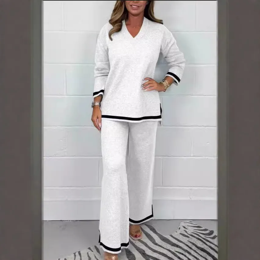 Autumn And Winter Temperament Leisure Solid Color Knitted Long Sleeve Trousers Suit - White - View 1