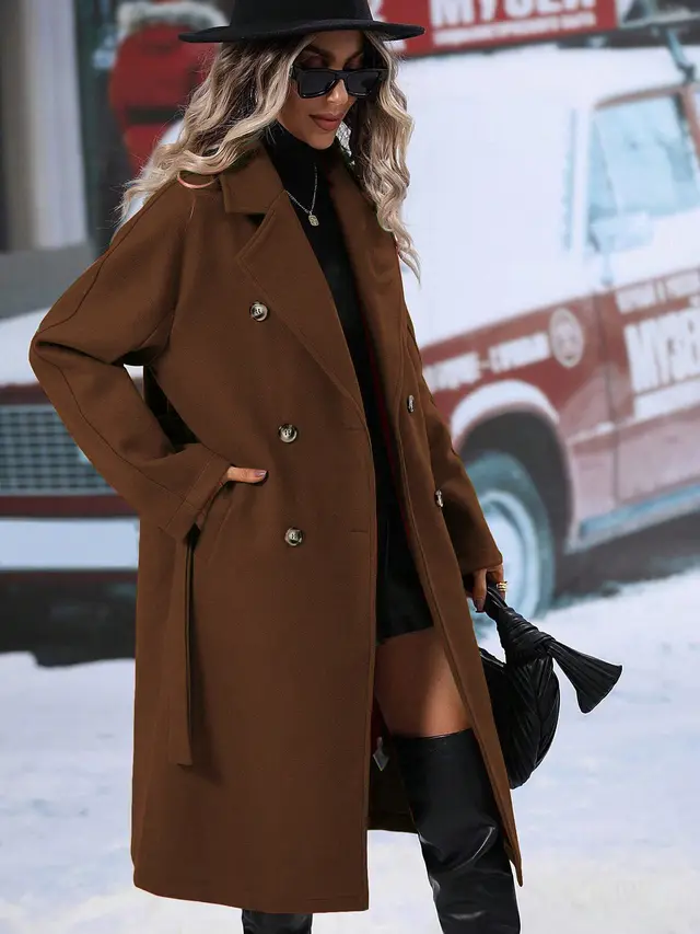 Autumn And Winter Solid Color Double Breasted Lace up Woolen Coat Dark Brown - Shop at LoveMi