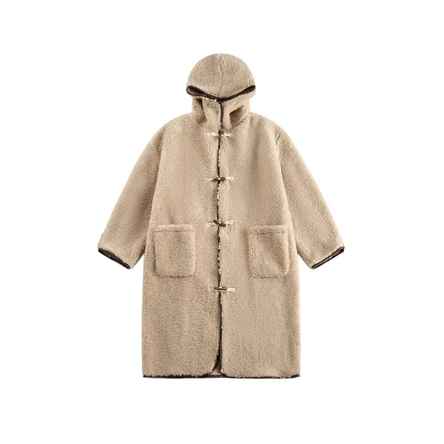 Winter Retro Long Hooded Berber Fleece Coat Khaki - Shop at LoveMi