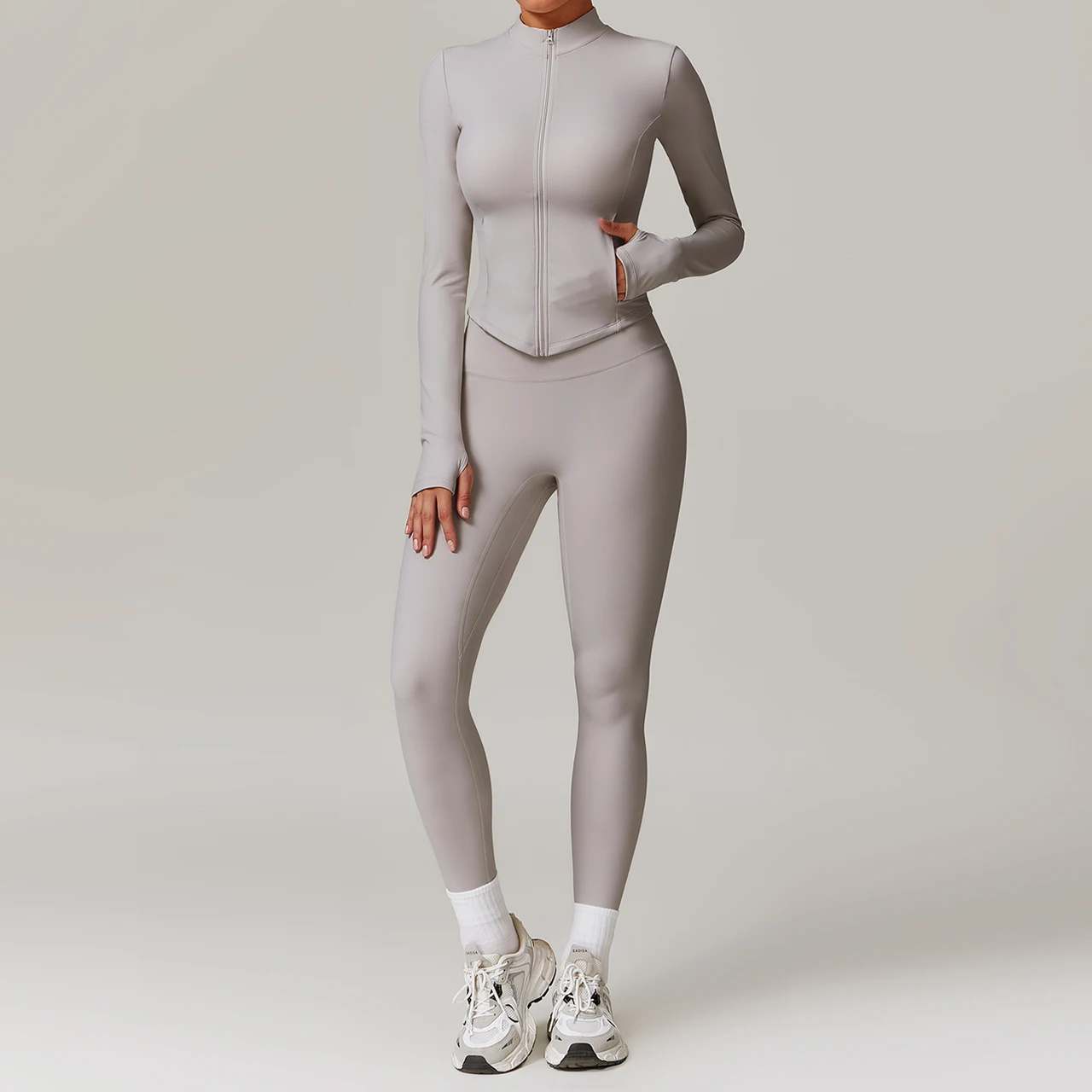 Women's Casual Fleece High Waist Wide Leg Warm Yoga Suit Set - Frost Grey