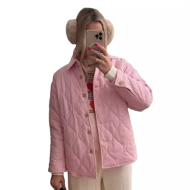 Casual Stripes Compressed Cotton Loose Versatile Coat Pink - Shop at LoveMi