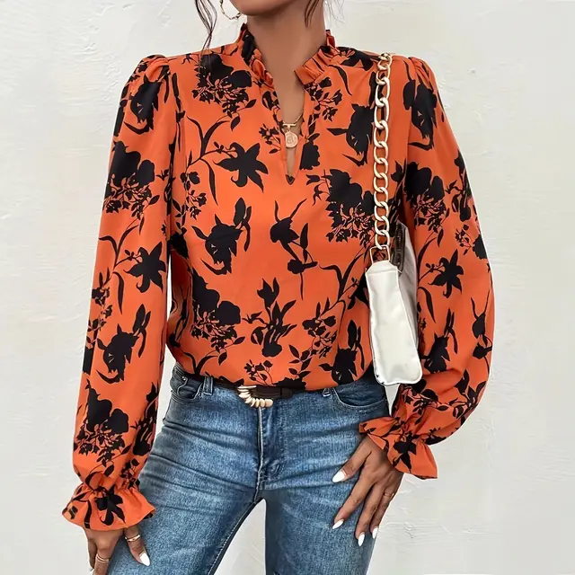 French Floral Print Ruffle Sleeve Collar Shirt Coral - Shop at LoveMi