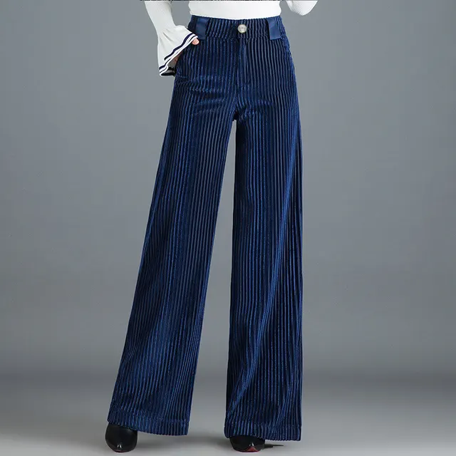 Gold Silk Striped Velvet Wide Leg Pants Women Blue Spring And Autumn Style - Shop at LoveMi