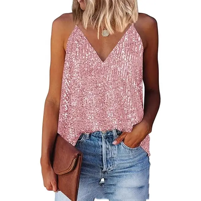 Europe And America Cross Border Foreign Trade Sexy Women Clothing Summer New Sexy V neck Sequin Sling Vest T shirt Pink - Shop at LoveMi