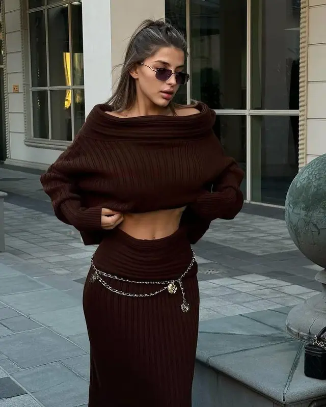 Women's Fashion Solid Color Knitted Sweater Suit Coffee - Shop at LoveMi