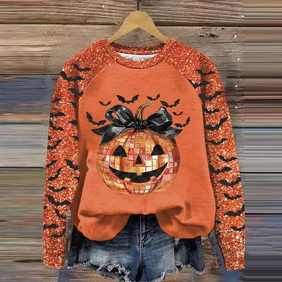 Personalized Women's Sweater Pumpkin Bow Printed Round Neck Rnst2482901 Xxs - Shop at LoveMi