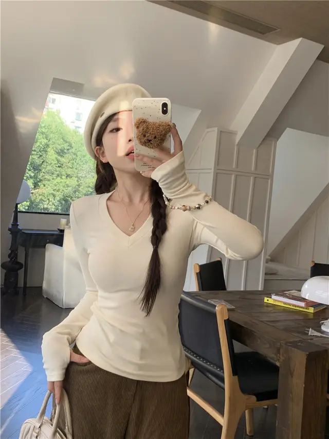 Love Embroidered V neck T shirt Female Early Autumn Milk Apricot - Shop at LoveMi