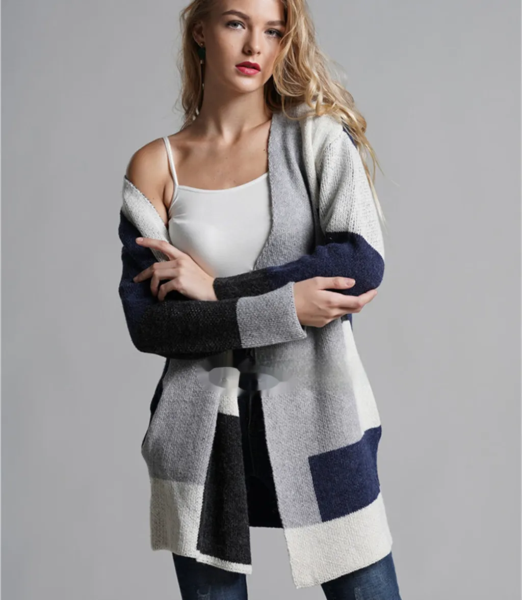 Women's Loose Long Sleeve Plus Size Contrast Colour Sweater - Purplish Blue