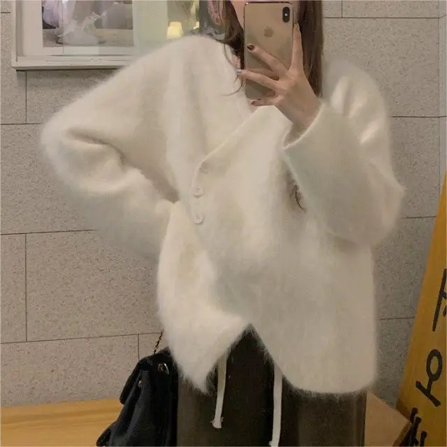 Mink Fur V neck Irregular Sweater Cardigan For Women White - Shop at LoveMi