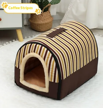 Portable Handle Pet Bed Small And Medium Sized Kennel Warm Cattery Coffee Stripes - Shop at LoveMi