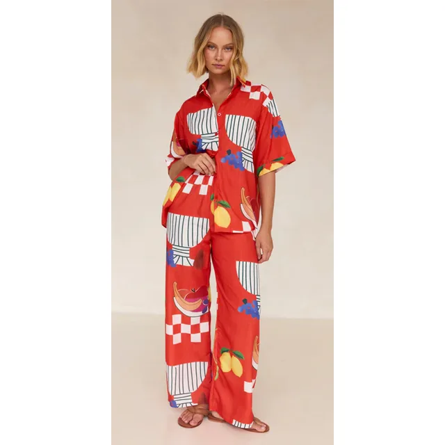 Casual Shirt Trousers All matching Printed Cardigan Two piece Set Red - Shop at LoveMi