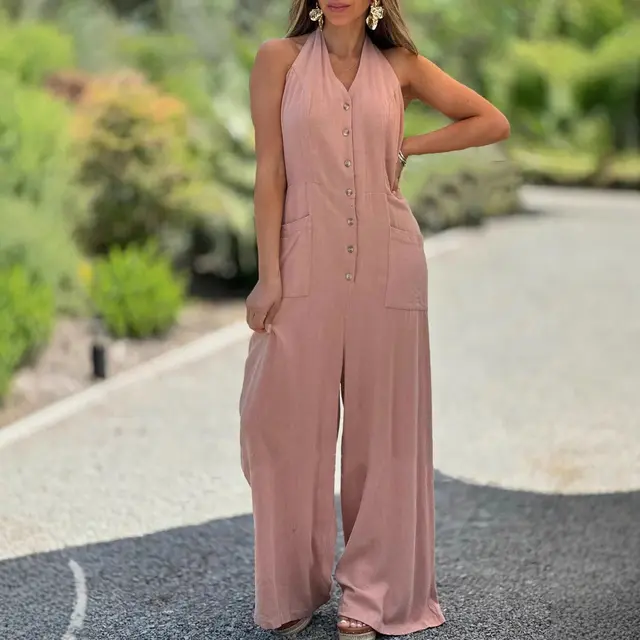 European And American Solid Color Jumpsuit Backless Sleeveless Loose Cotton Linen Pink - Shop at LoveMi