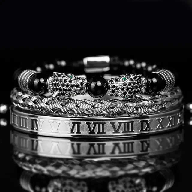Men's Black Double Leopard Head Braided Stainless Steel Roman Numeral Bracelet Suit Silver Black Diamond - Shop at LoveMi