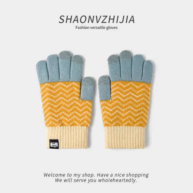 Pineapple Knitted Woolen Gloves Women's Winter Blue - Shop at LoveMi