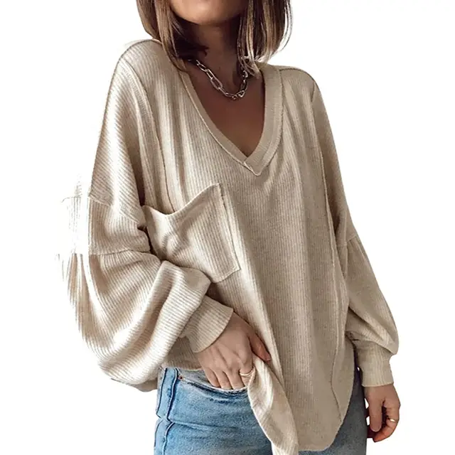 Casual V neck Pocket Lantern Sleeve Loose Knitted Pullover Shirt Women Beige - Shop at LoveMi