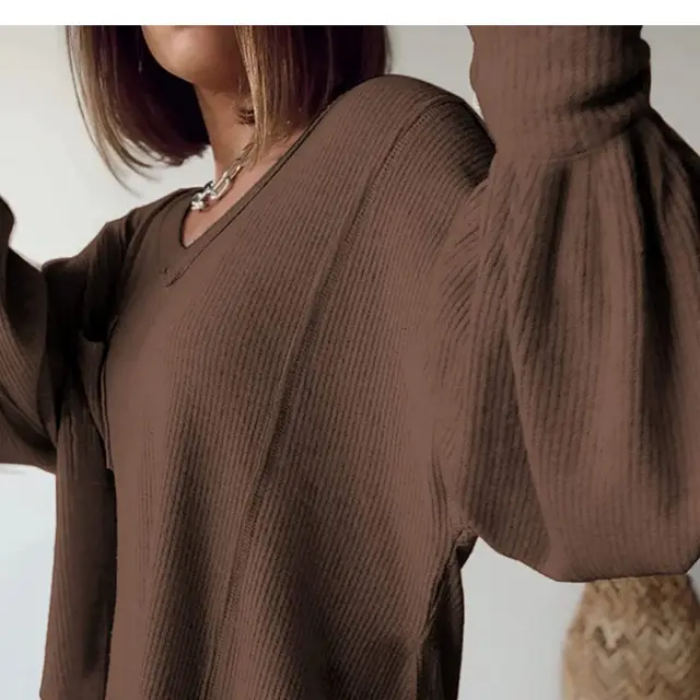 Casual V neck Pocket Lantern Sleeve Loose Knitted Pullover Shirt Women Brown - Shop at LoveMi