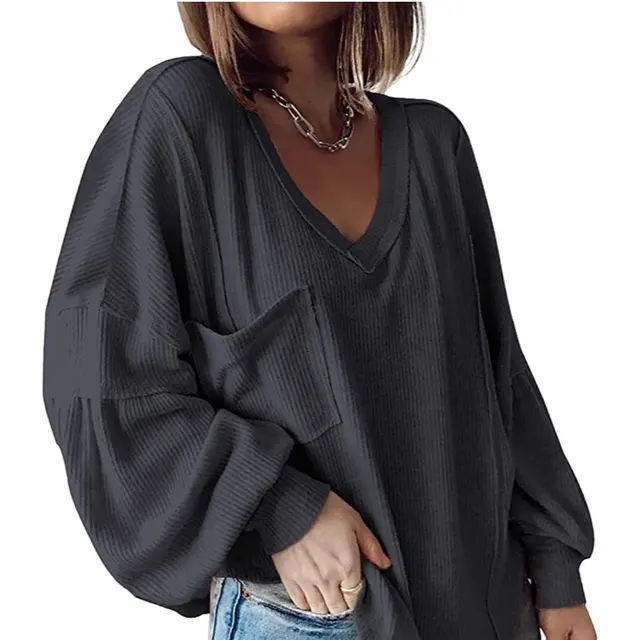 Casual V neck Pocket Lantern Sleeve Loose Knitted Pullover Shirt Women Dark Gray - Shop at LoveMi