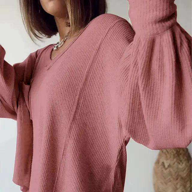Casual V neck Pocket Lantern Sleeve Loose Knitted Pullover Shirt Women Pink - Shop at LoveMi