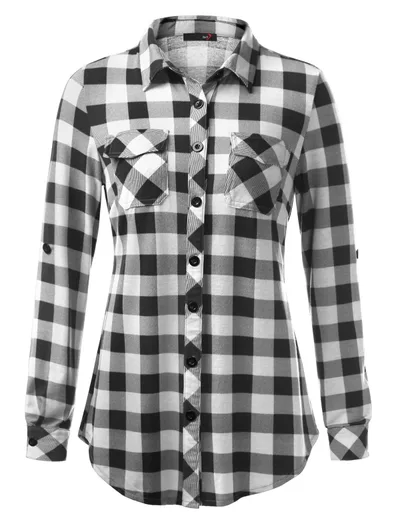 Plaid Pouch Button Cuff Comfort And Casual Printed Women's Shirt Black And White - Shop at LoveMi