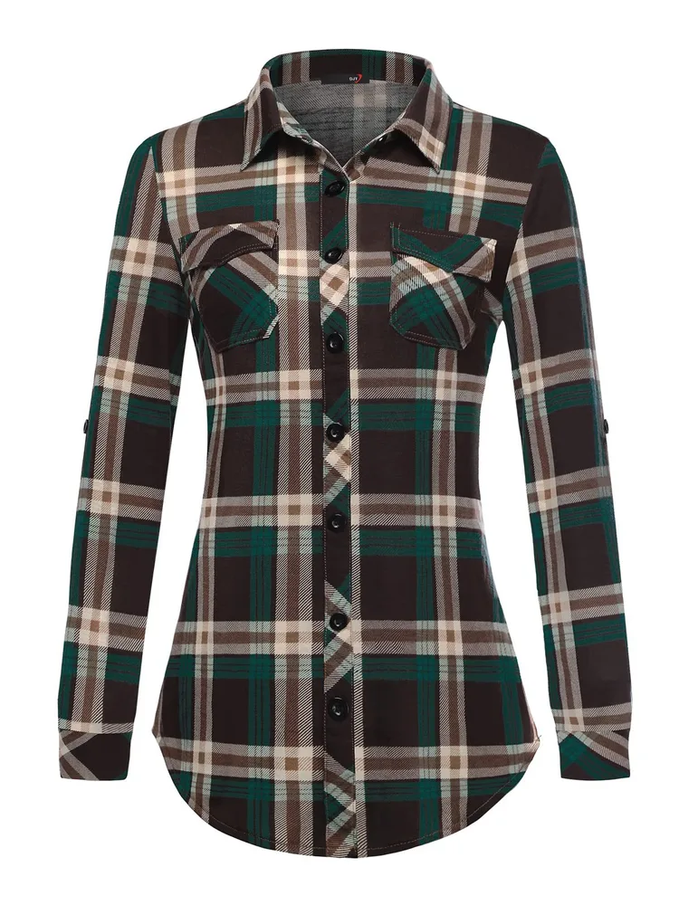 Plaid Pouch Button Cuff Comfort And Casual Printed Women's Shirt Coffee Green - Shop at LoveMi