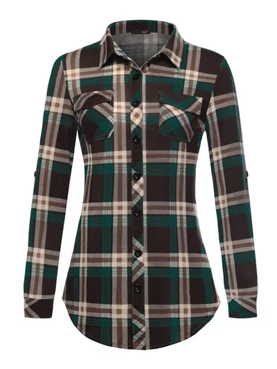 Plaid Pouch Button Cuff Comfort And Casual Printed Women's Shirt Green - Shop at LoveMi