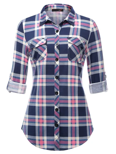 Plaid Pouch Button Cuff Comfort And Casual Printed Women's Shirt Pink - Shop at LoveMi