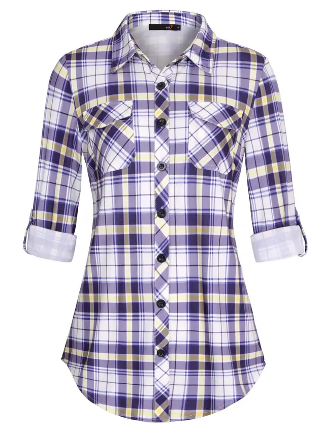 Plaid Pouch Button Cuff Comfort And Casual Printed Women's Shirt Purple - Shop at LoveMi