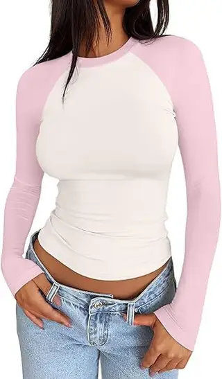 Slim-fit Stretch Color Matching Short Top - Beige Pink Combination