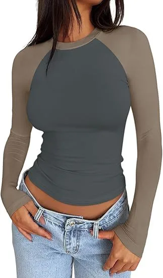 Hot Girl Slim fit Stretch Color Matching Short Top Charcoal Mocha Combination - Shop at LoveMi