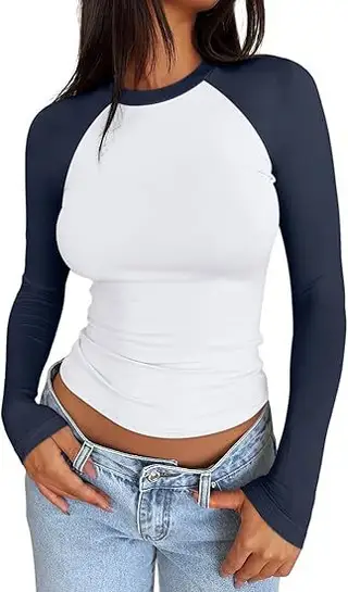 Slim-fit Stretch Color Matching Short Top - White Navy Blue Combination