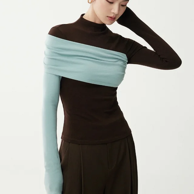 Half high Collar Long Sleeves Inner Bottoming Shirt Women's Winter New Blue - Shop at LoveMi
