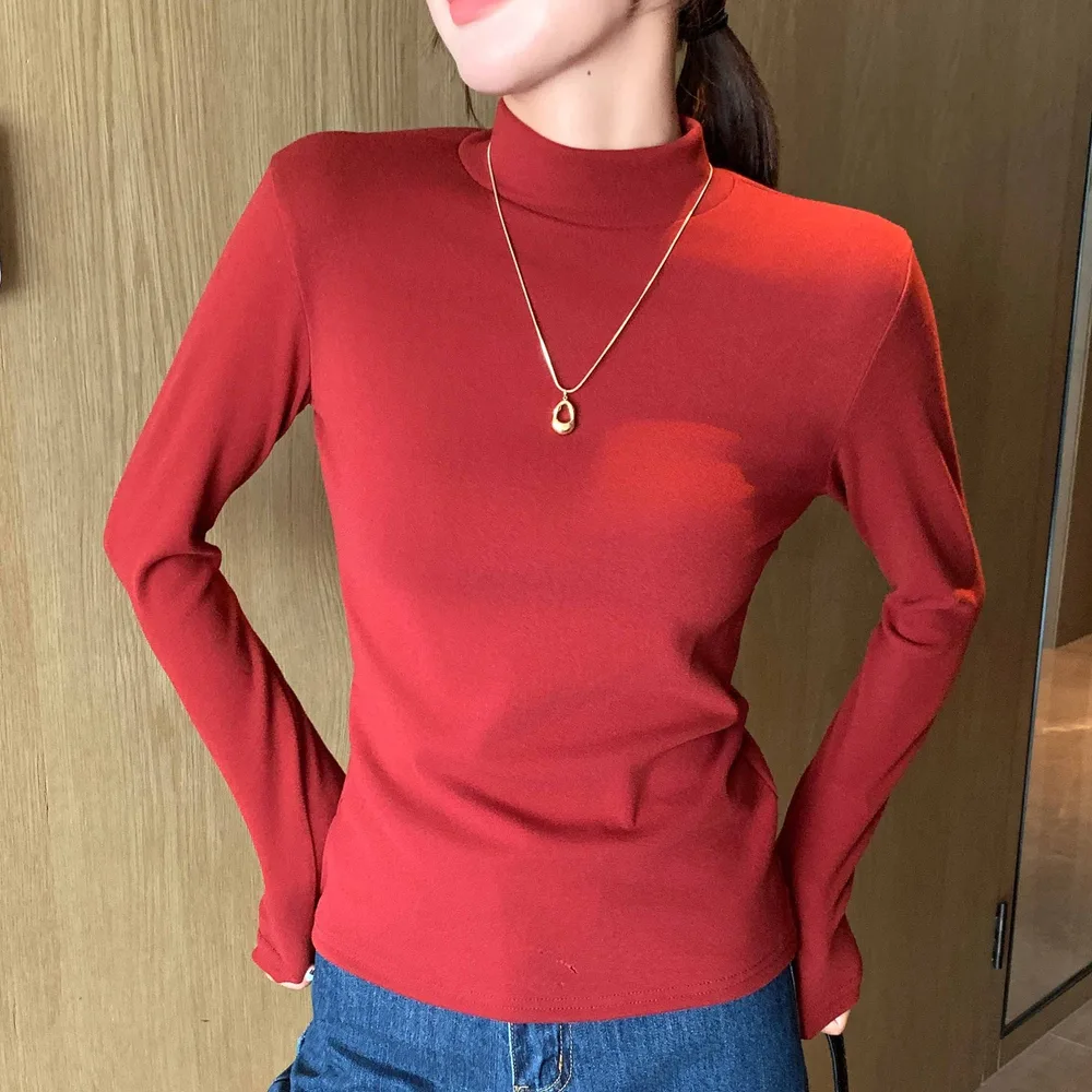 Half Turtleneck Double sided Dralon Bottoming Shirt For Women Spring And Autumn Ankela Red - Shop at LoveMi
