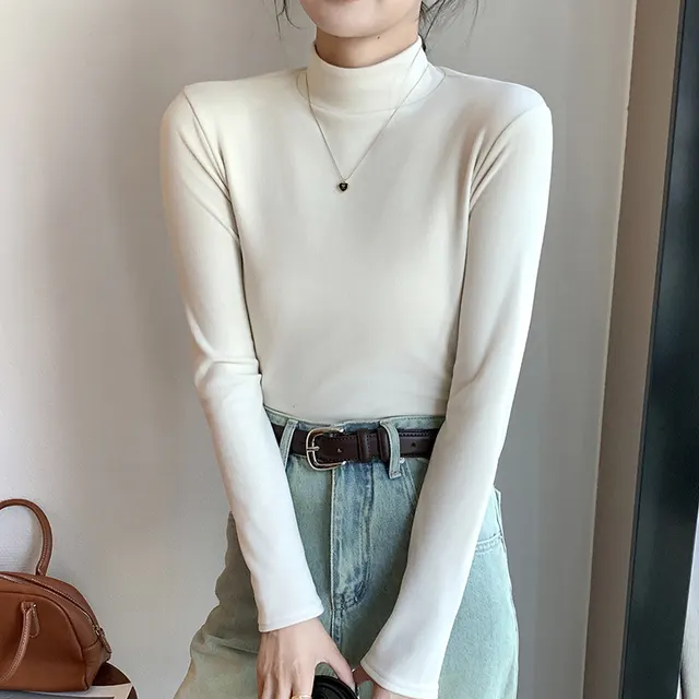 Half Turtleneck Double sided Dralon Bottoming Shirt For Women Spring And Autumn Apricot - Shop at LoveMi