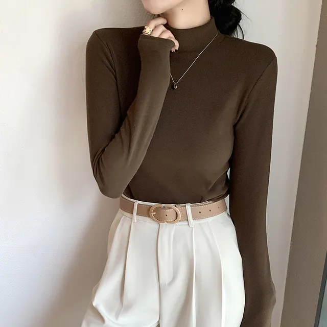 Half Turtleneck Double sided Dralon Bottoming Shirt For Women Spring And Autumn Coffee - Shop at LoveMi