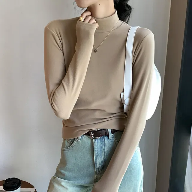 Half Turtleneck Double sided Dralon Bottoming Shirt For Women Spring And Autumn Khaki - Shop at LoveMi