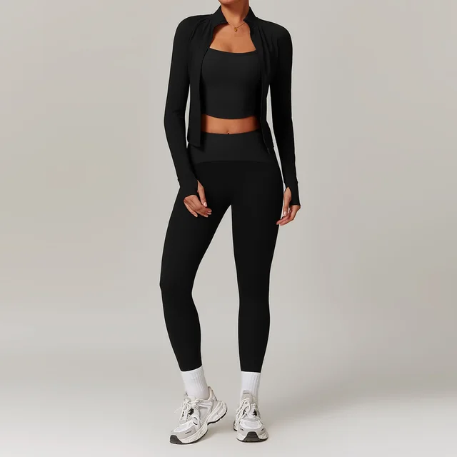 European And American Leisure Long Sleeve Yoga Suit Slimming High Waist Coat Trousers Black - Shop at LoveMi
