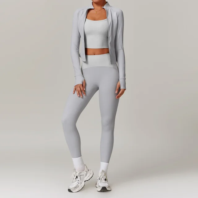 European And American Leisure Long Sleeve Yoga Suit Slimming High Waist Coat Trousers Light Gray - Shop at LoveMi