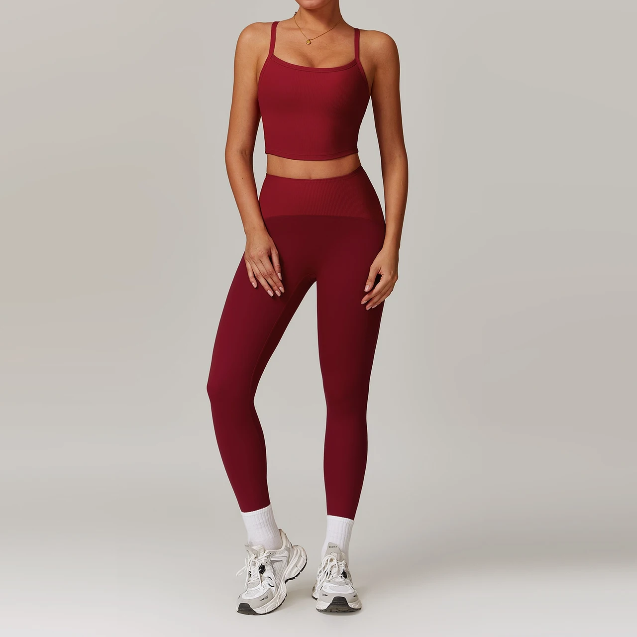European And American Leisure Long Sleeve Yoga Suit Slimming High Waist - Sling Vest Pants Cherry Red